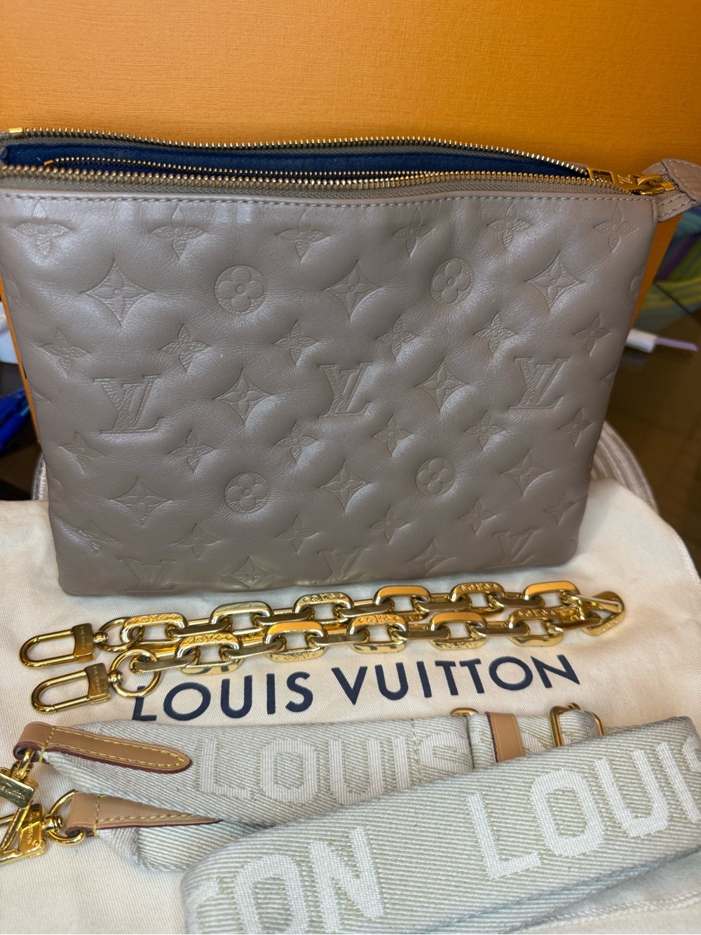 Louis Vuitton Taupe Monogram Empreinte Leather Pochette with Gold Chain